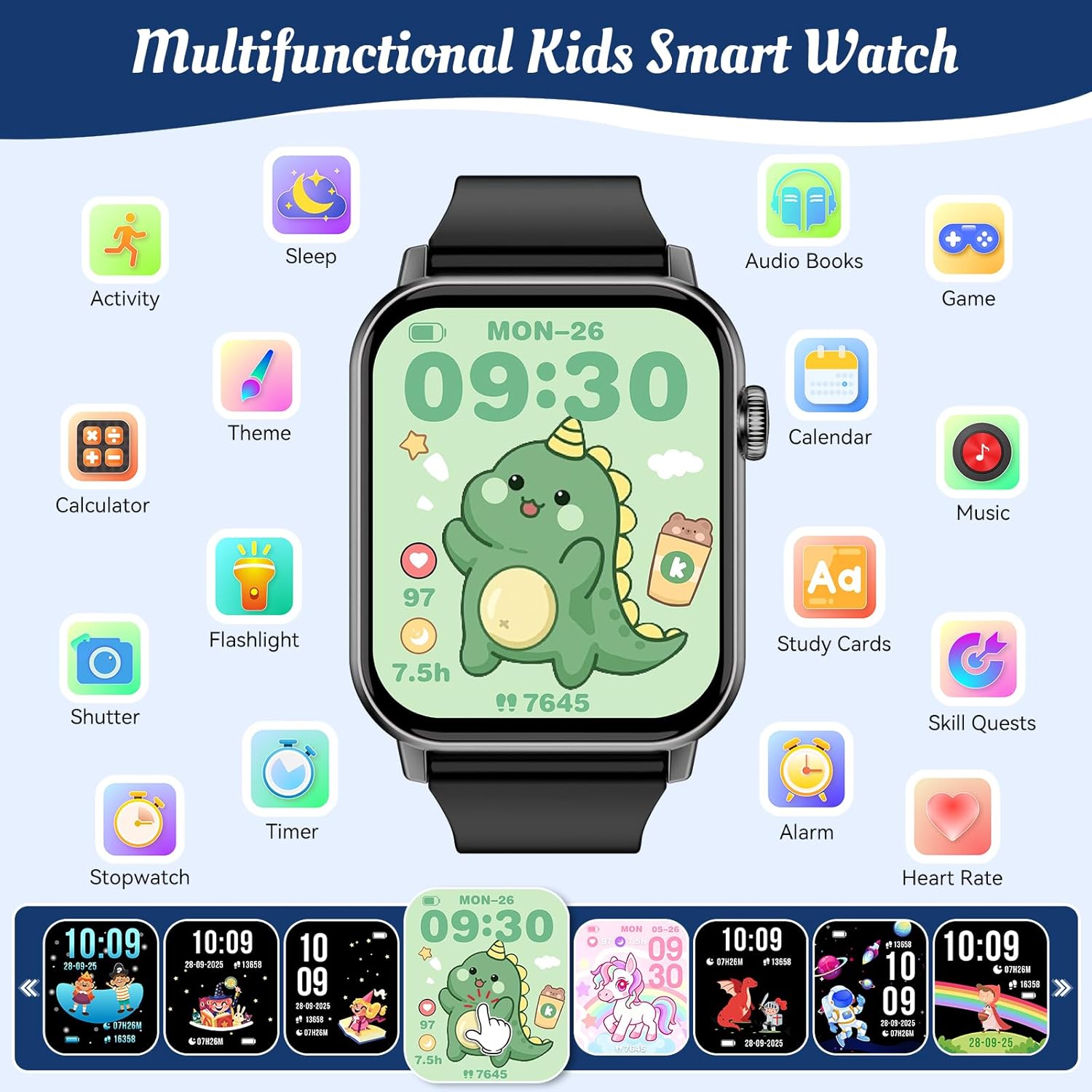 Smart Watch for Kids, 12 Puzzle Games HD Touch Screen Watches, Step Counter, Heart Rate and Sleep Monitor, Flashlight, Music Player,12/24 hr Educational Toys Birthday Gifts for Girls Ages 6-12 (Black) - Image 3