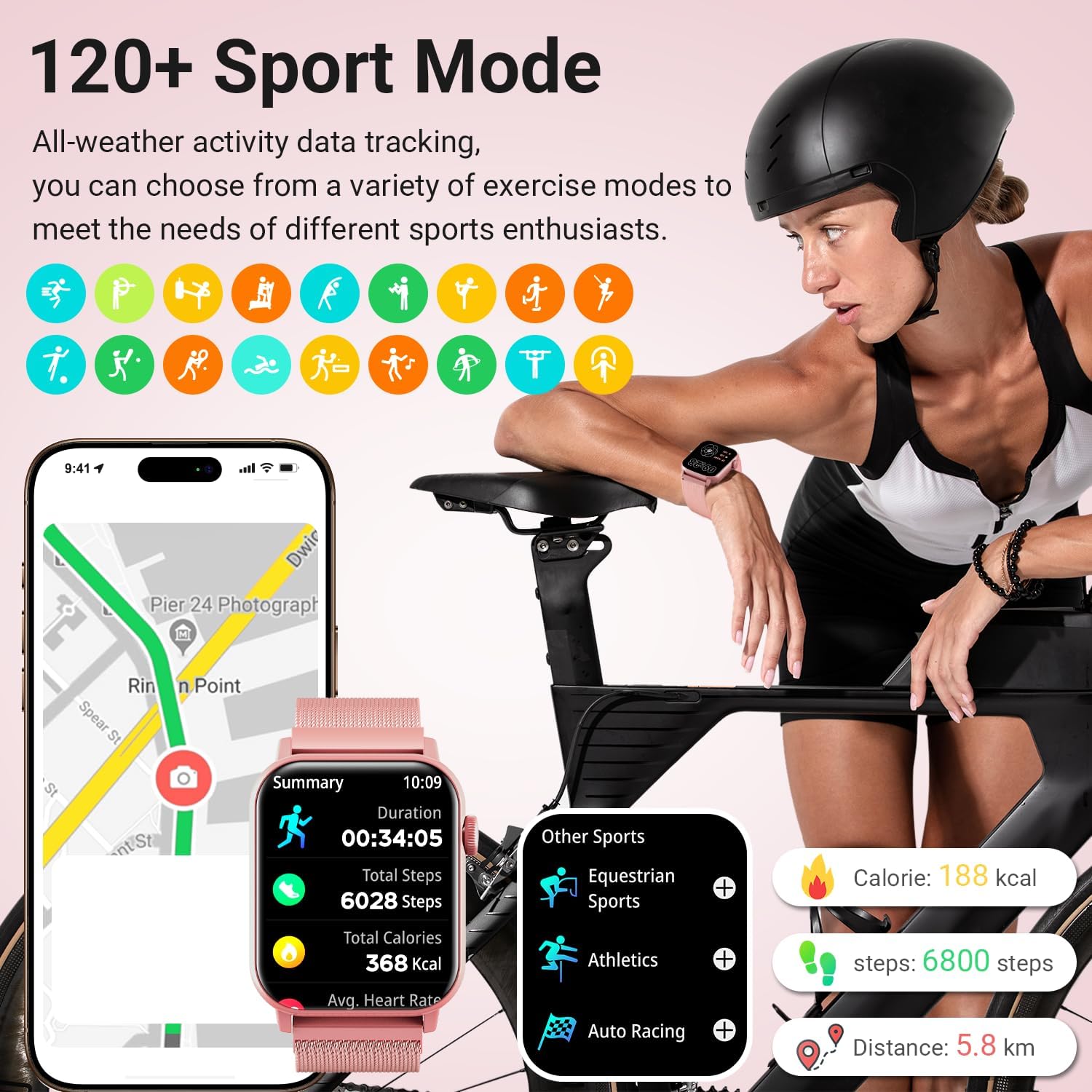 Smart Watches for Women, 1.83" HD Fitness Tracker (Answer/Make Calls), 120+ Sport Modes with Heart Rate/Sleep Monitor, IP68 Waterproof, Fitness Watch for iOS Android, Pink - Image 3