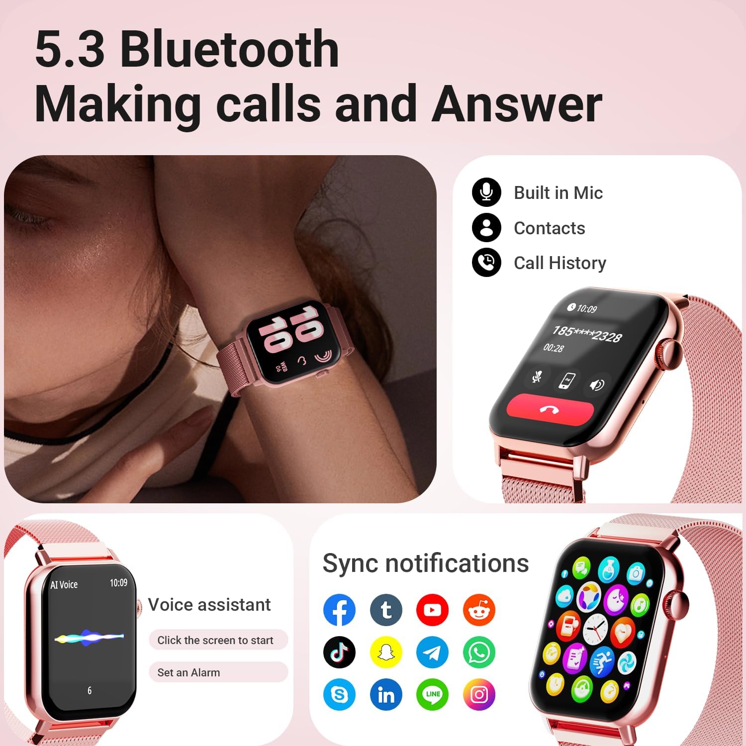 Smart Watches for Women, 1.83" HD Fitness Tracker (Answer/Make Calls), 120+ Sport Modes with Heart Rate/Sleep Monitor, IP68 Waterproof, Fitness Watch for iOS Android, Pink - Image 4