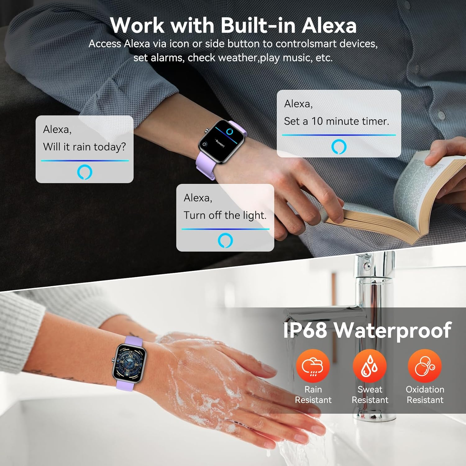 BOOOMIC Smart Watch with Alexa Built-in, 1.83" HD Touchscreen Fitness Tracker, Bluetooth Notifications/Calls, IP68 Waterproof, 120+ Sport Modes, 24/7 Heart Rate & Sleep Monitor for iPhone Android iOS (Purple) - Image 2