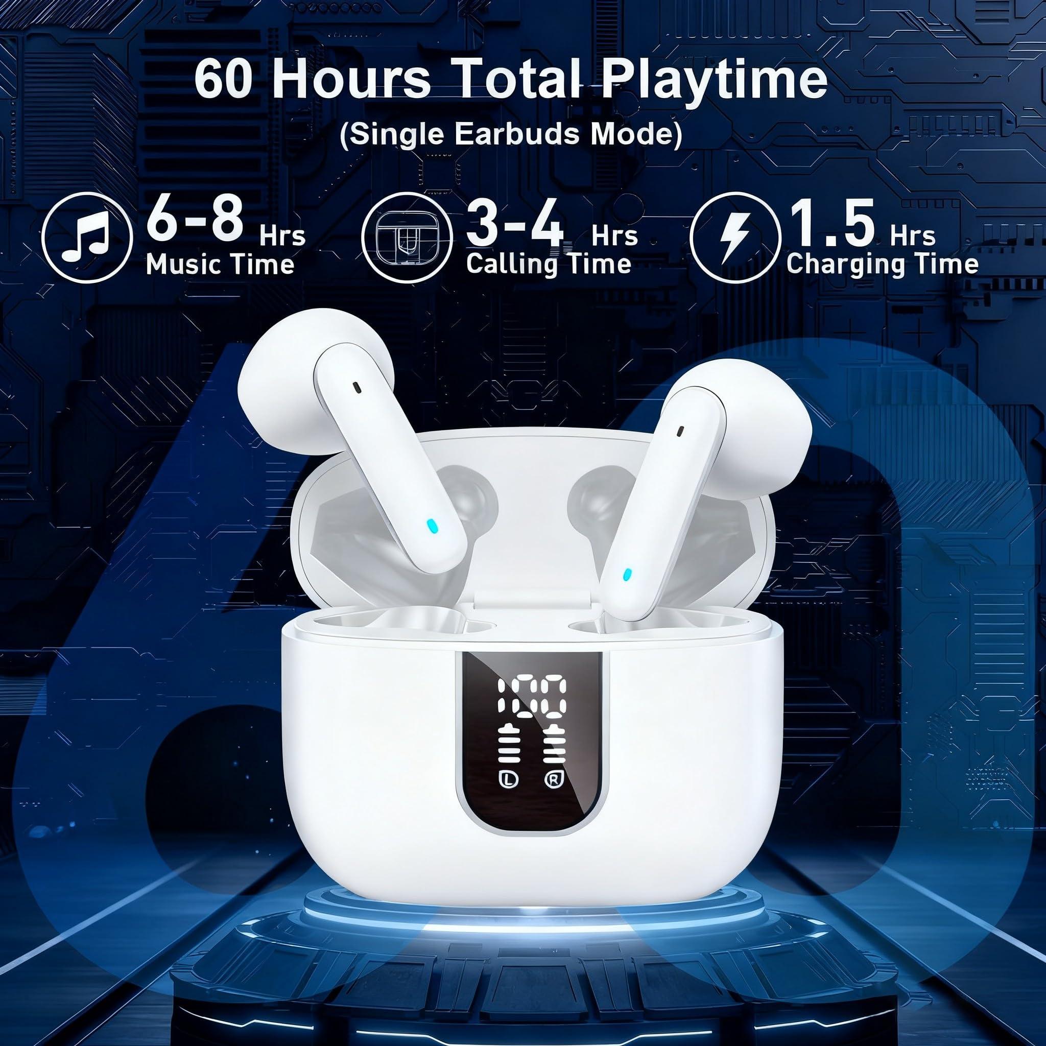 Wireless Earbuds Bluetooth 5.3 with ENC Noise Cancellation, 60H Playtime HiFi Stereo, IPX5 Waterproof in-Ear Earphones, Comfort Fit for Workout Running, USB-C Fast Charging Case (White) - Image 5
