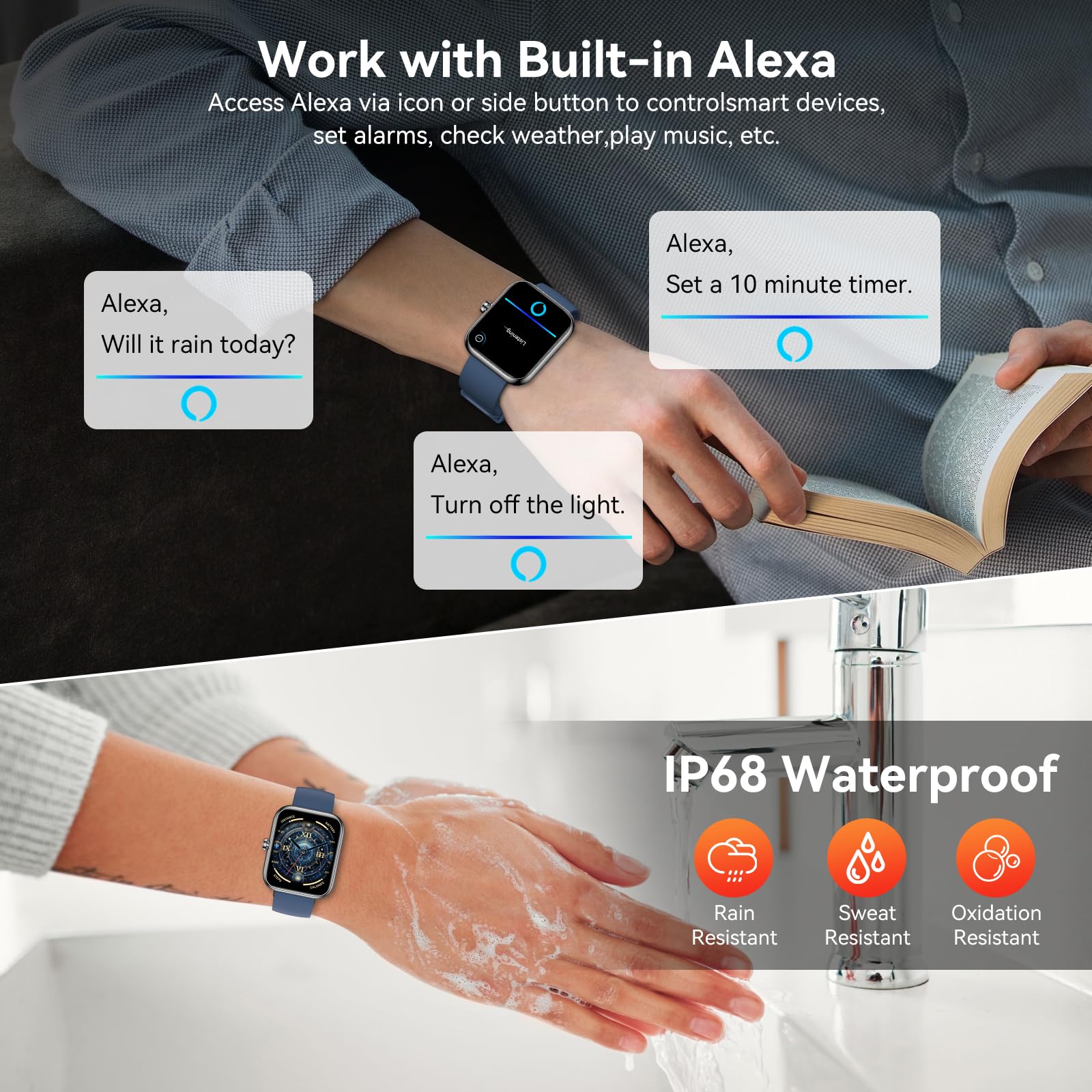 BOOOMIC Smart Watch with Alexa Built-in, 1.83" HD Touchscreen Fitness Tracker, Bluetooth Notifications/Calls, IP68 Waterproof, 120+ Sport Modes, 24/7 Heart Rate & Sleep Monitor for iPhone Android iOS (Blue) - Image 2