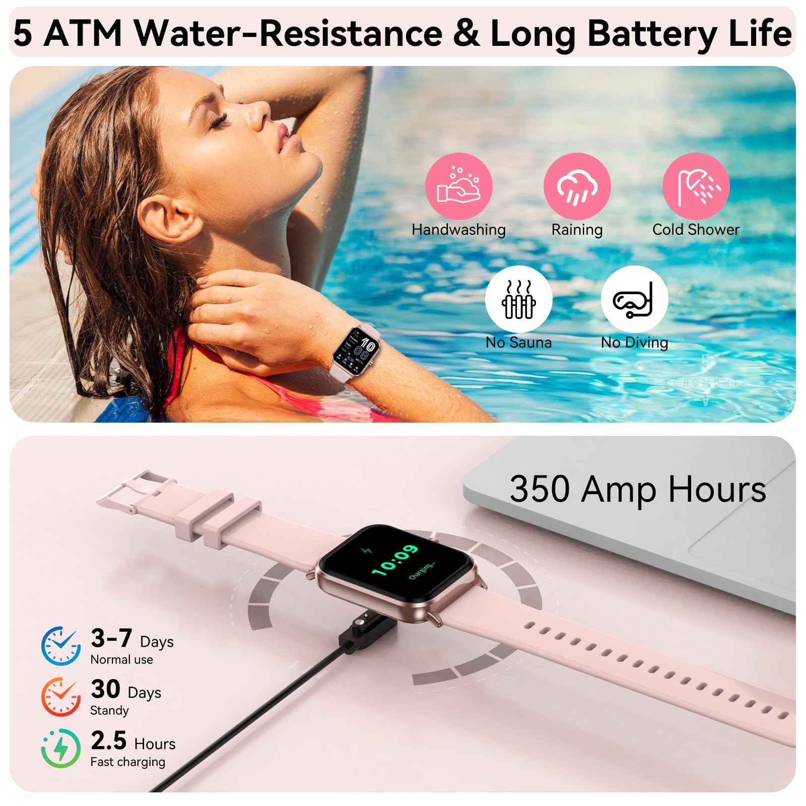 Jacoosa Smart Watches for Men Women, 1.83" HD Touchsreen, Bluetooth Calling, 5 ATM Water-Resistance, 130+ Sports Modes, Health, Fitness & Sleep Tracker, Timer, Pedometer, Fitness Watch for Android/iOS, Pink - Image 3