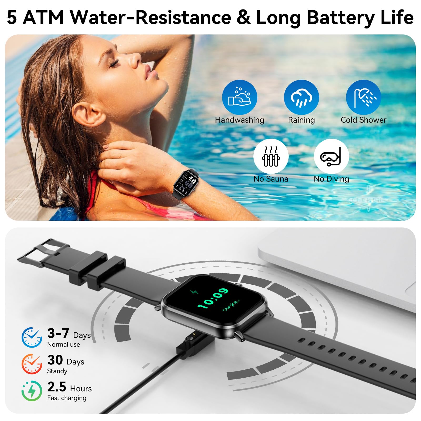 Jacoosa Smart Watch for Men Women, 1.83" HD Touch Screen Smartwatch with Bluetooth Call, 5 ATM Waterproof, 130+ Sport Modes Fitness Tracker Heart Rate Sleep Monitor Pedometer, Compatible with Android iPhone - Image 4