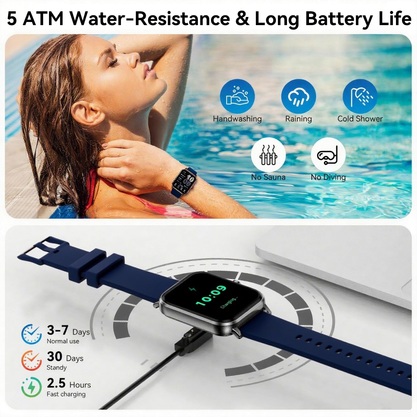 Jacoosa Smart Watches for Men Women, 1.83" HD Touchsreen, Bluetooth Calling, 5 ATM Water-Resistance, 130+ Sports Modes, Health, Fitness & Sleep Tracker, Timer, Pedometer, Fitness Watch for Android/iOS, Blue - Image 4